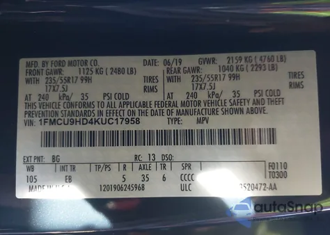 2019 Ford Escape Sel from USA, damaged, VIN 1FMCU9HD4KUC17958